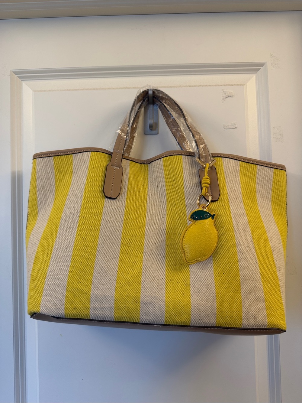 Aldo Yellow and Cream Striped Canvas Tote with Lemon Charm